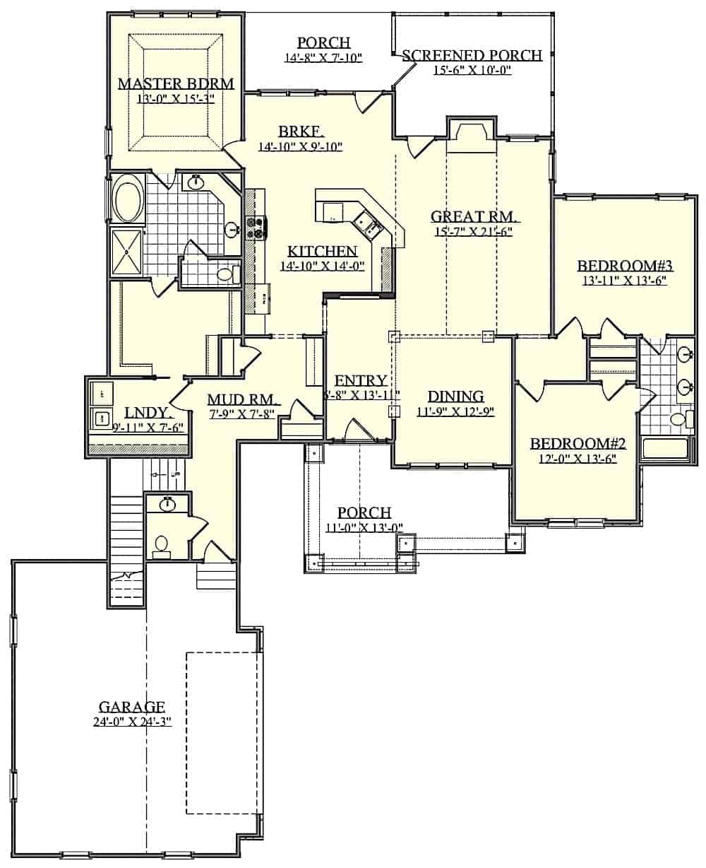 Floor Plan Main Level of Farmhouse Plan #201-1006