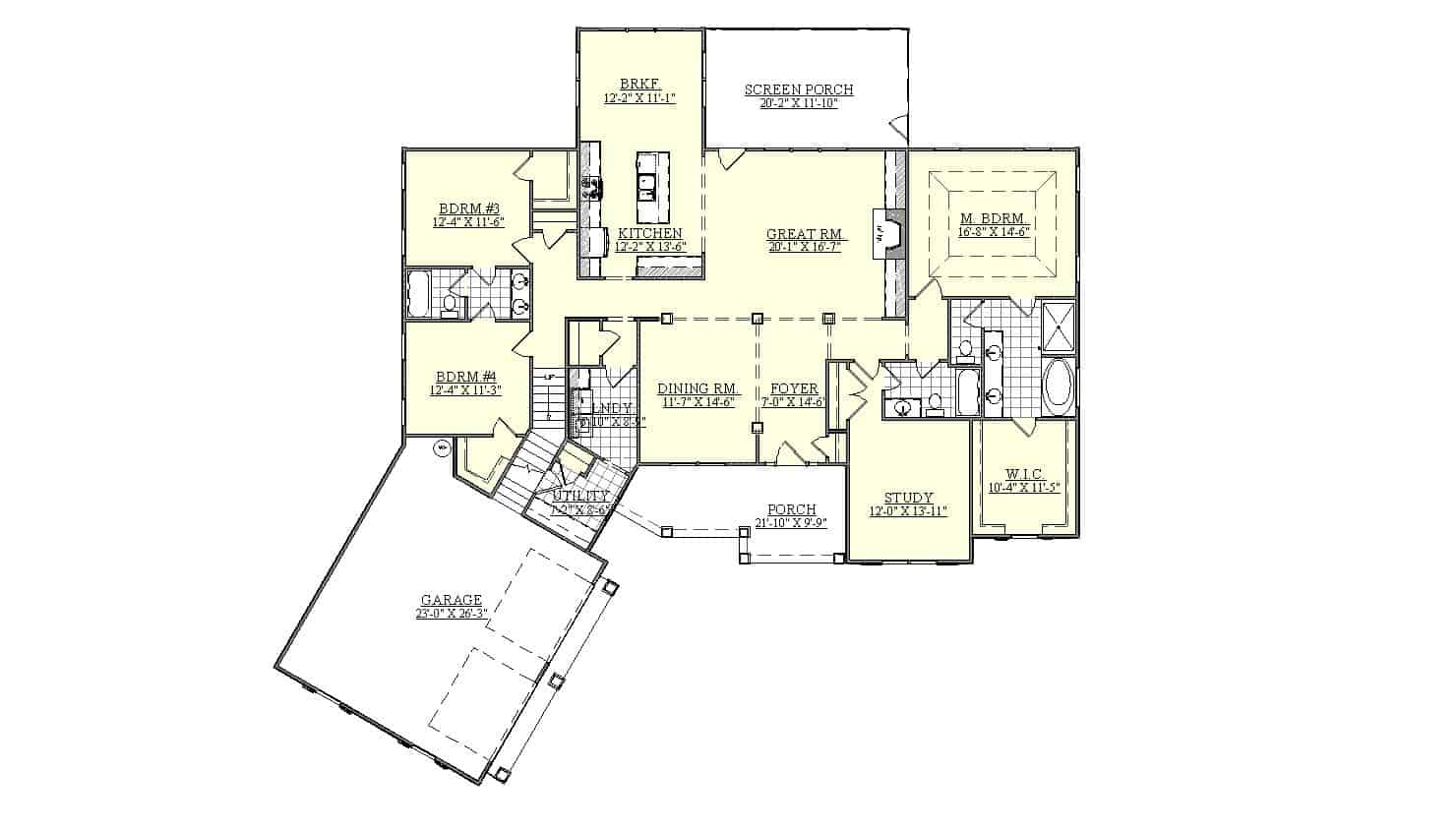 Floor Plan Main Level of Farmhouse Plan #201-1008