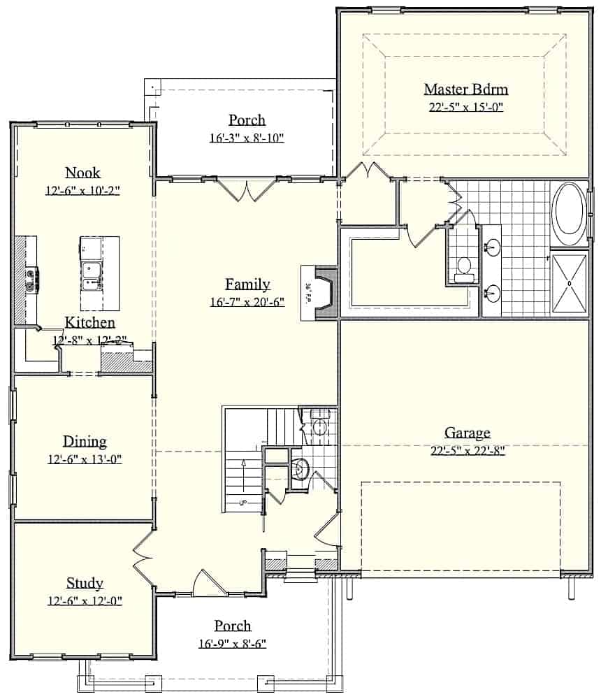Floor Plan Main Level of Farmhouse Plan #201-1009