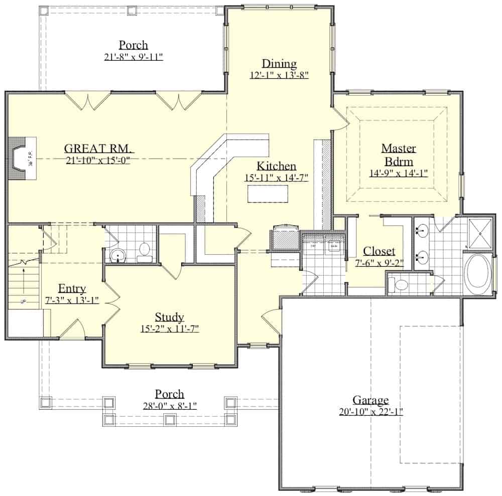 Floor Plan Main Level of Craftsman Plan #201-1010