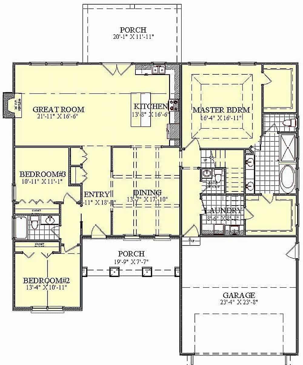 Floor Plan Main Level of Farmhouse Plan #201-1011