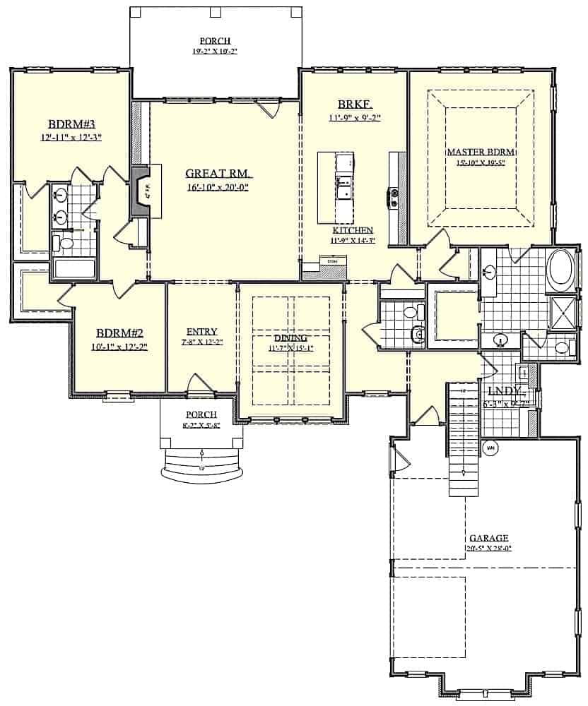 Floor Plan Main Level of Southern Plan #201-1012