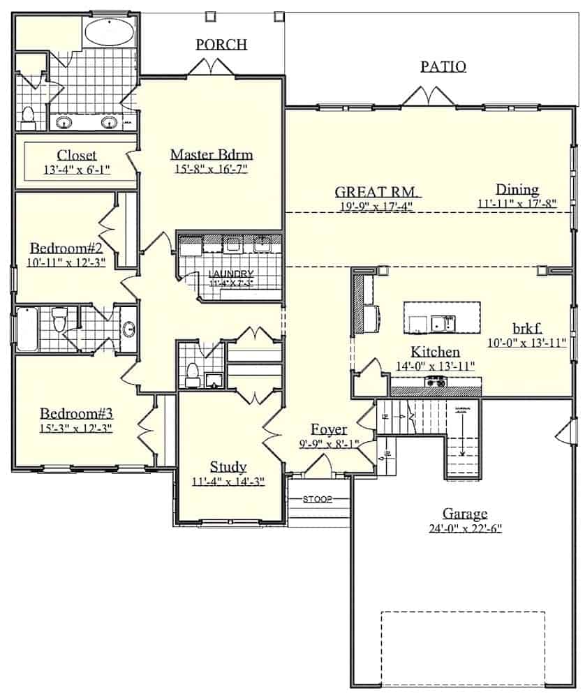 Floor Plan Main Level of Farmhouse Plan #201-1014