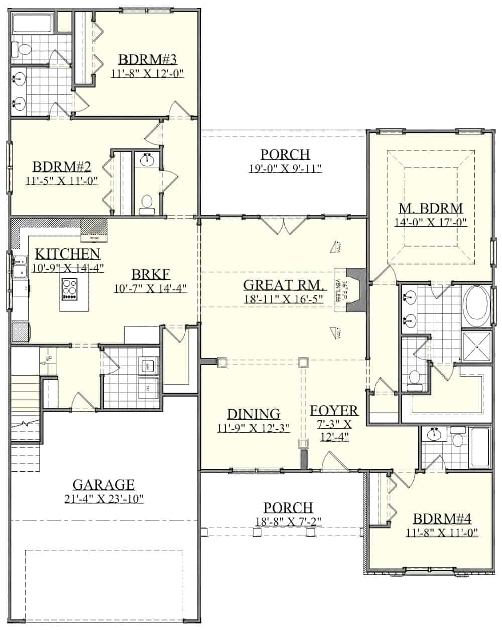 Floor Plan Main Level of Farmhouse Plan #201-1015