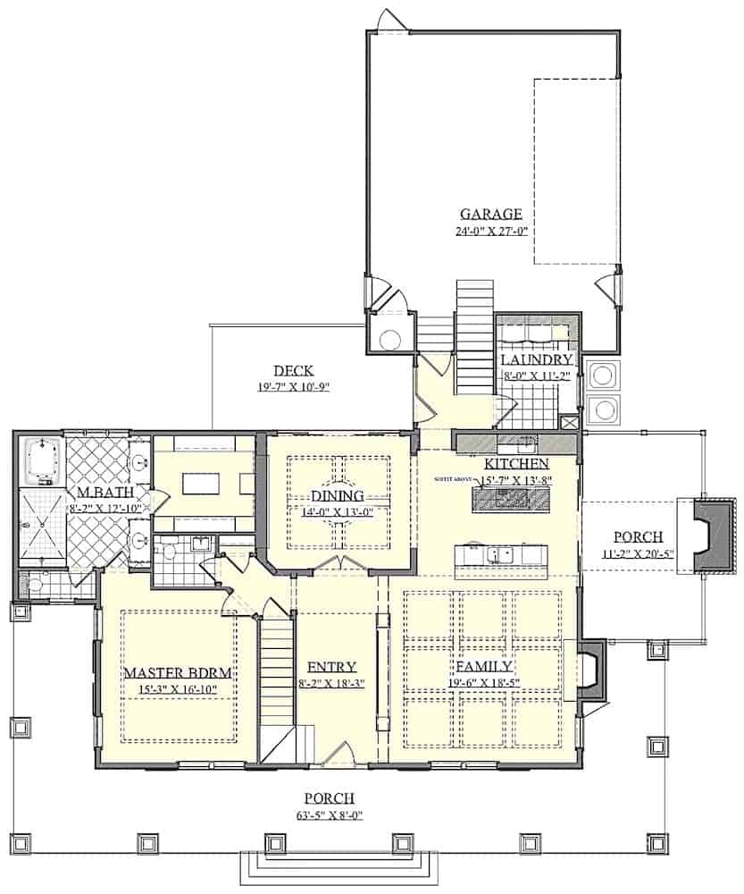 Floor Plan Main Level of Farmhouse Plan #201-1017