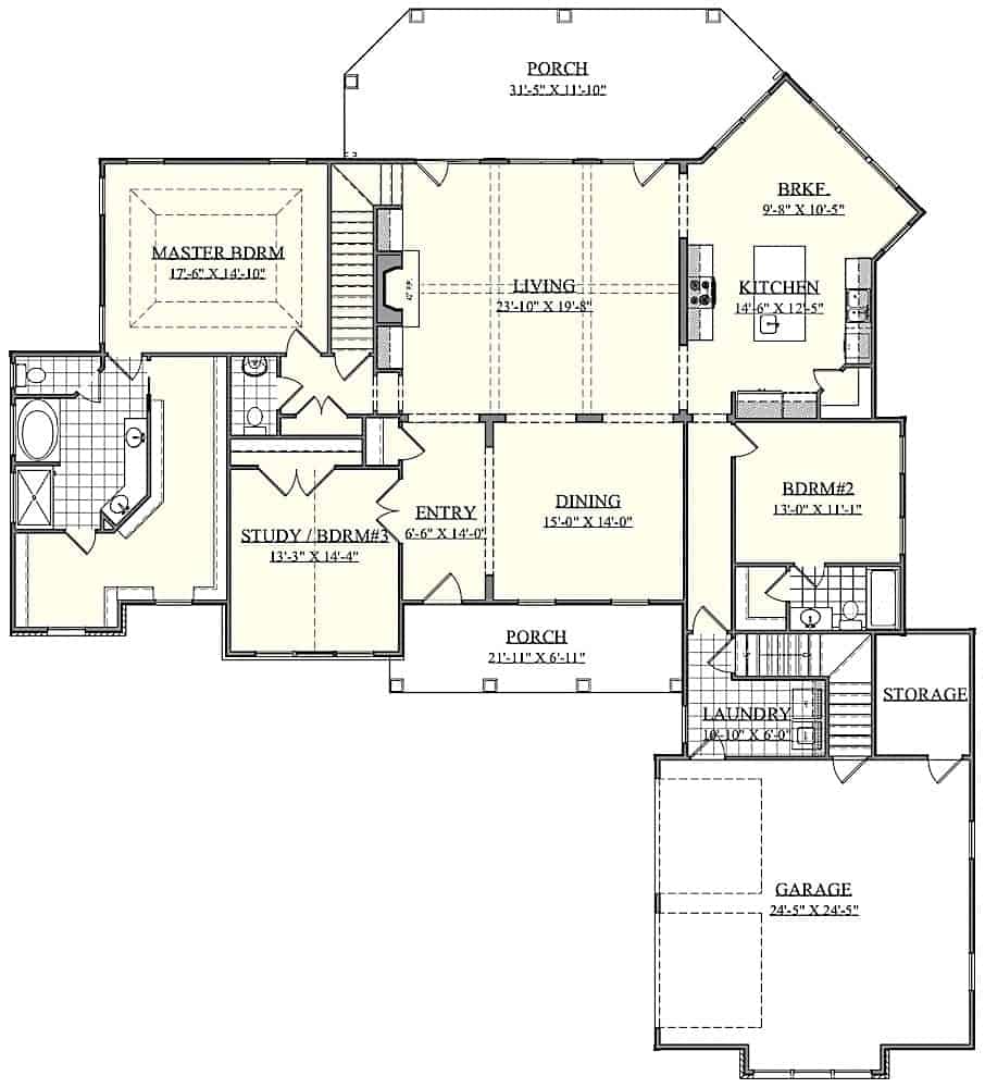 Floor Plan Main Level of Farmhouse Plan #201-1019