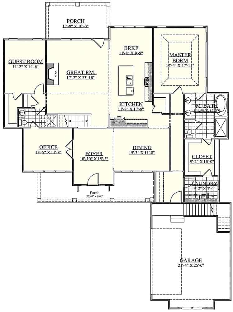 Floor Plan Main Level of Farmhouse Plan #201-1021