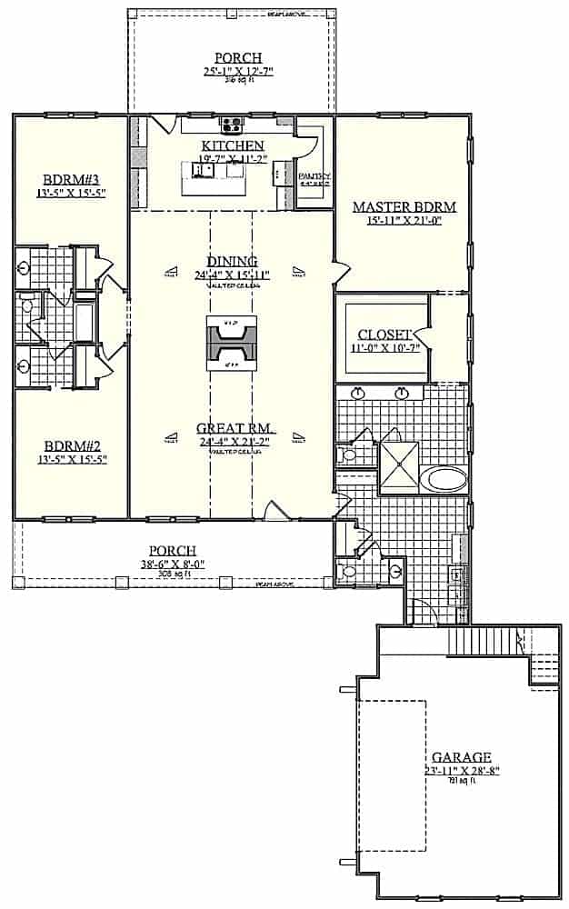 Floor Plan Main Level of Farmhouse Plan #201-1022