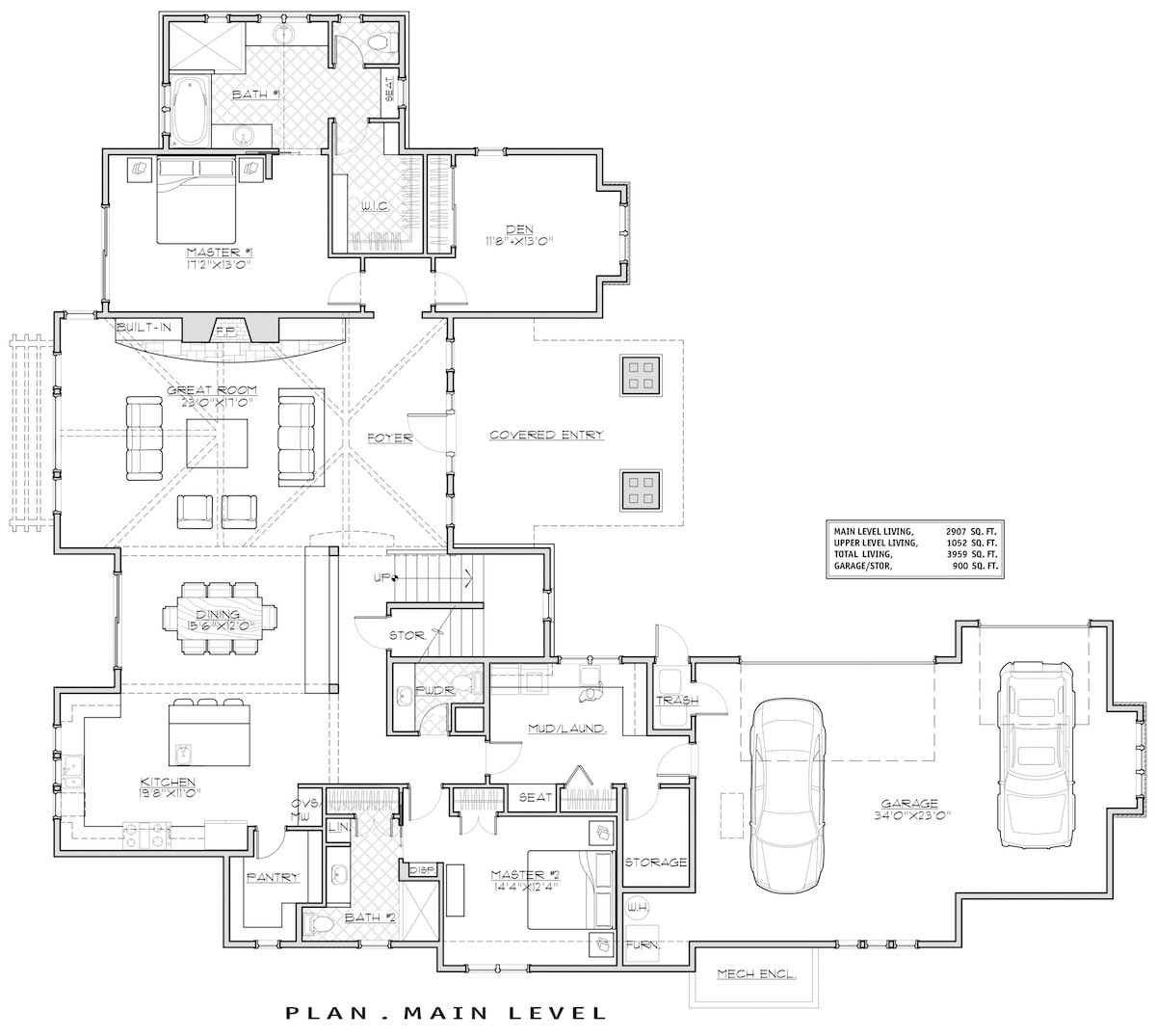 Floor Plan Main Level of Craftsman Plan #202-1002