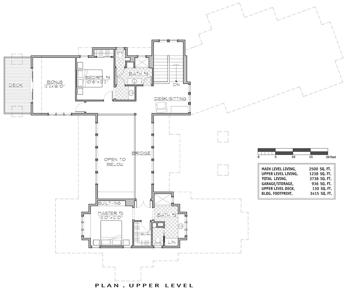 Floor Plan Upper Level of Craftsman Plan #202-1004
