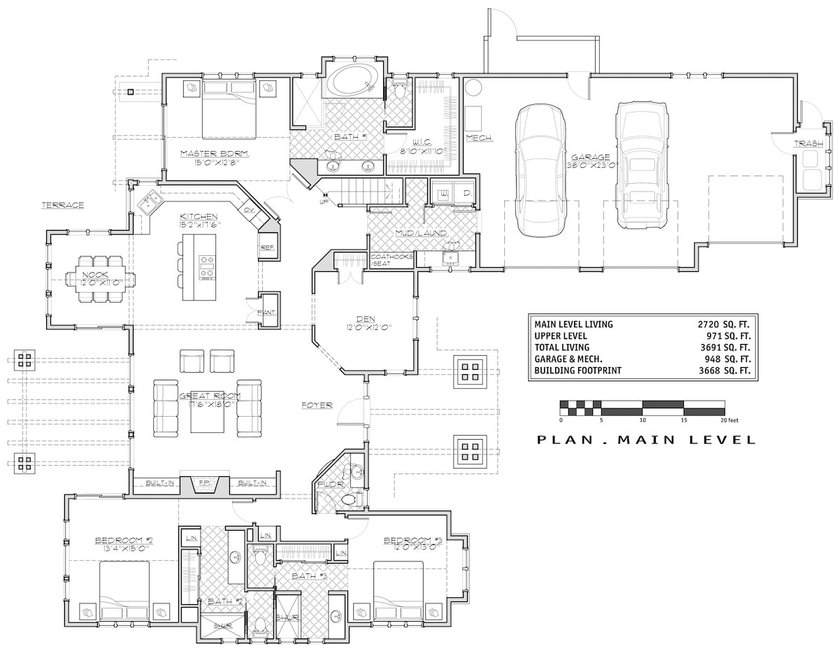 Floor Plan Main Level of Craftsman Plan #202-1007