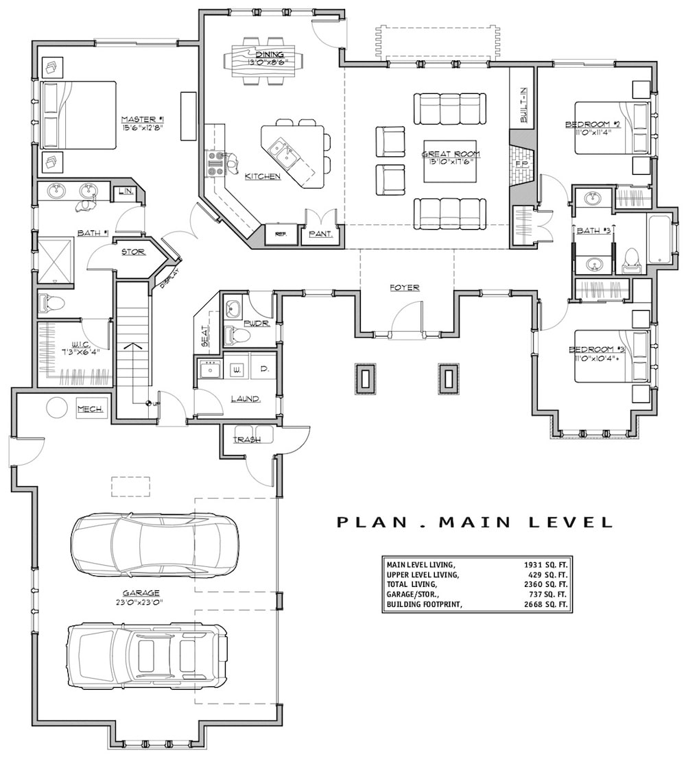 Floor Plan Main Level of Bungalow Plan #202-1008