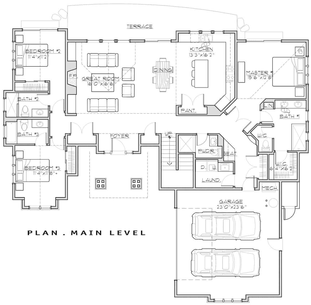 Floor Plan Main Level of Farmhouse Plan #202-1028