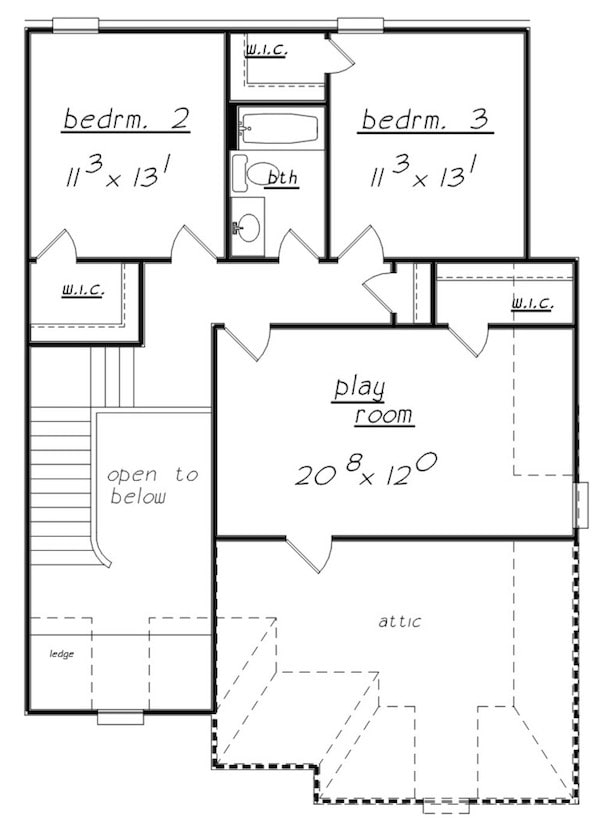 Floor Plan Upper Level of European Plan #203-1001