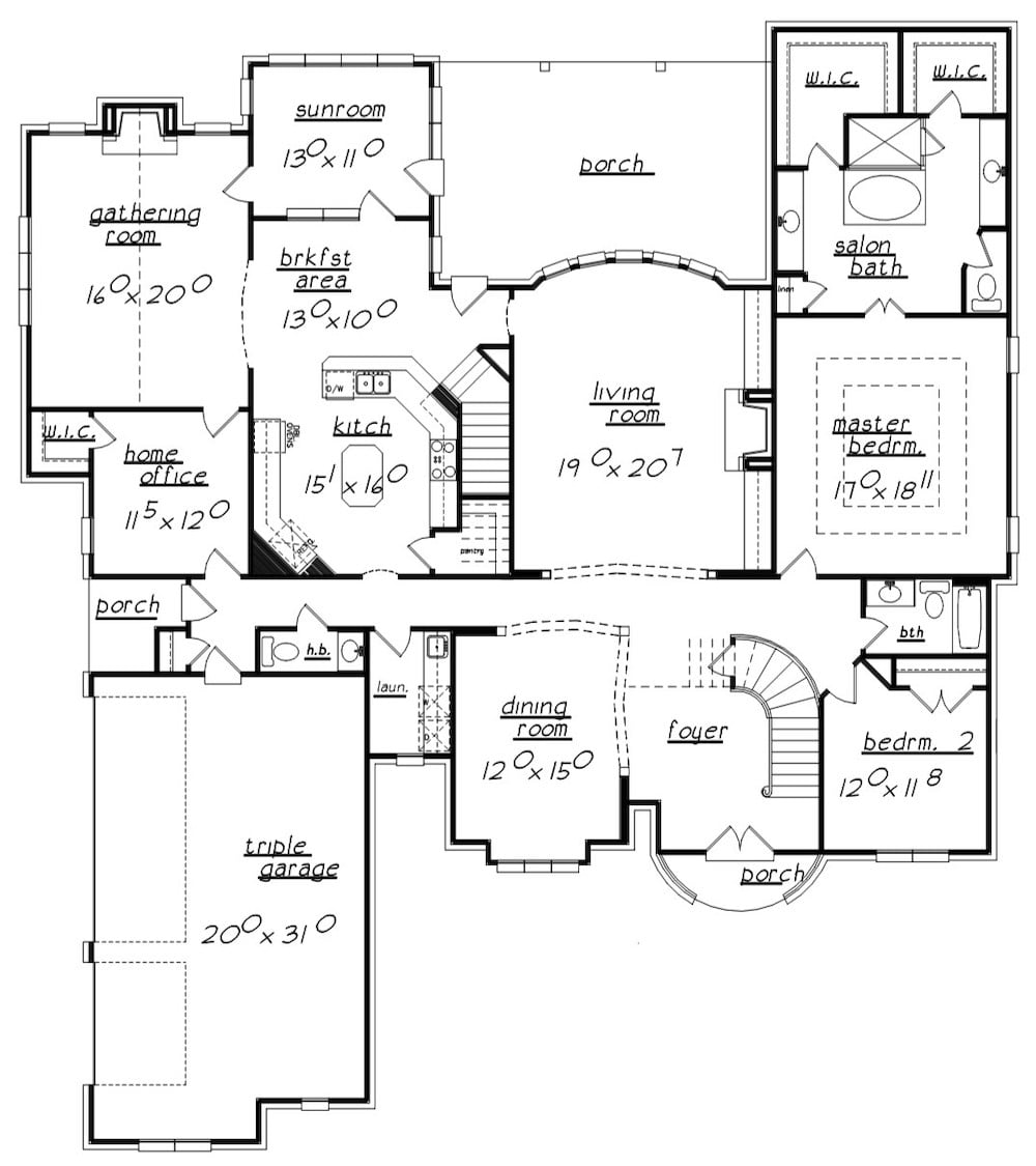 Floor Plan Main Level of European Plan #203-1002