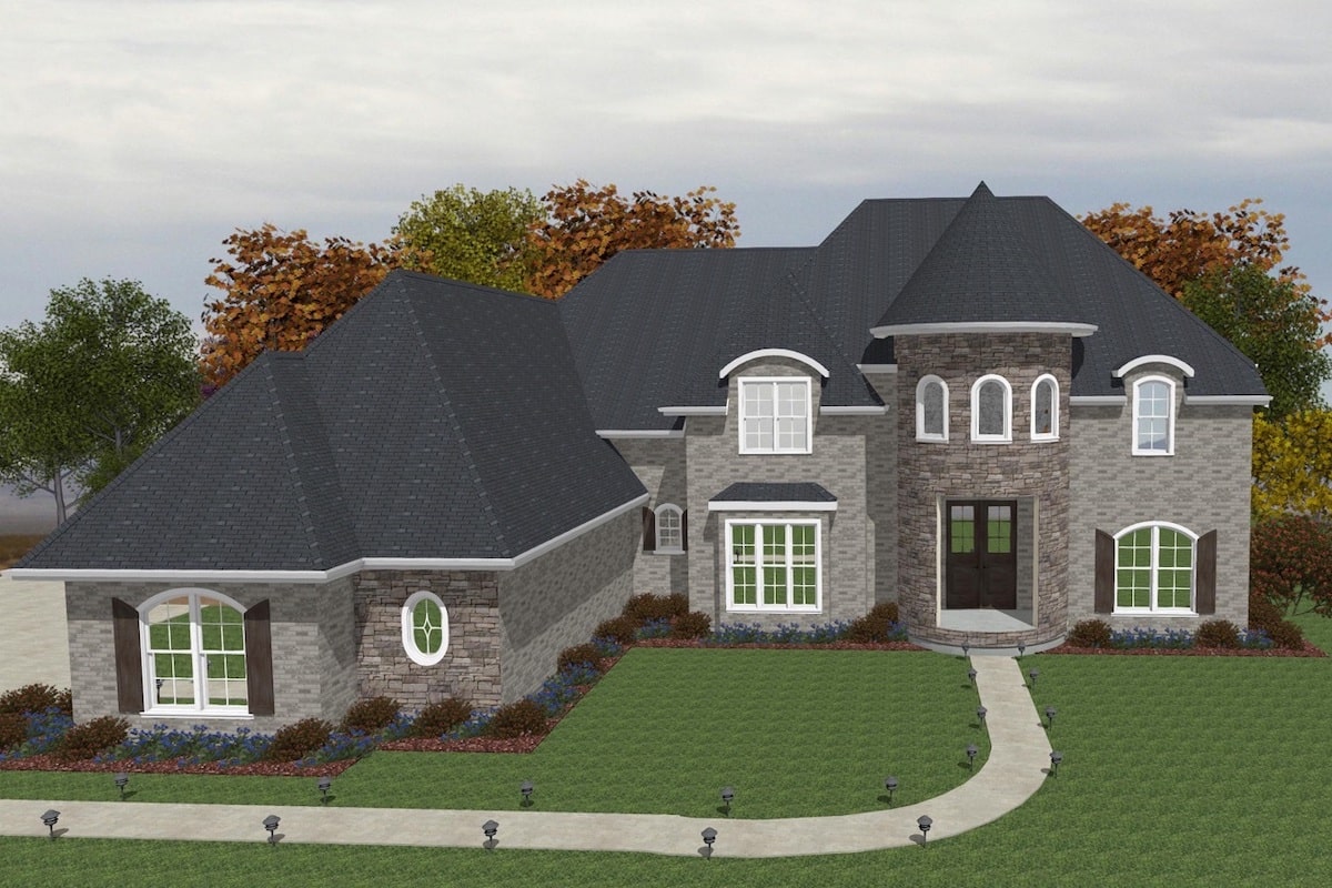 Front elevation of European home (ThePlanCollection: House Plan #203-1002)