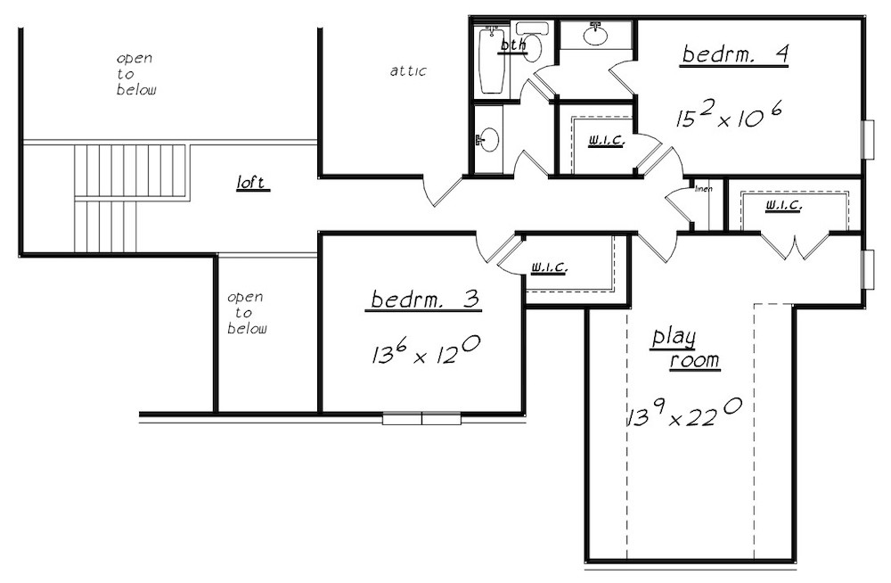 Floor Plan Upper Level of European Plan #203-1010