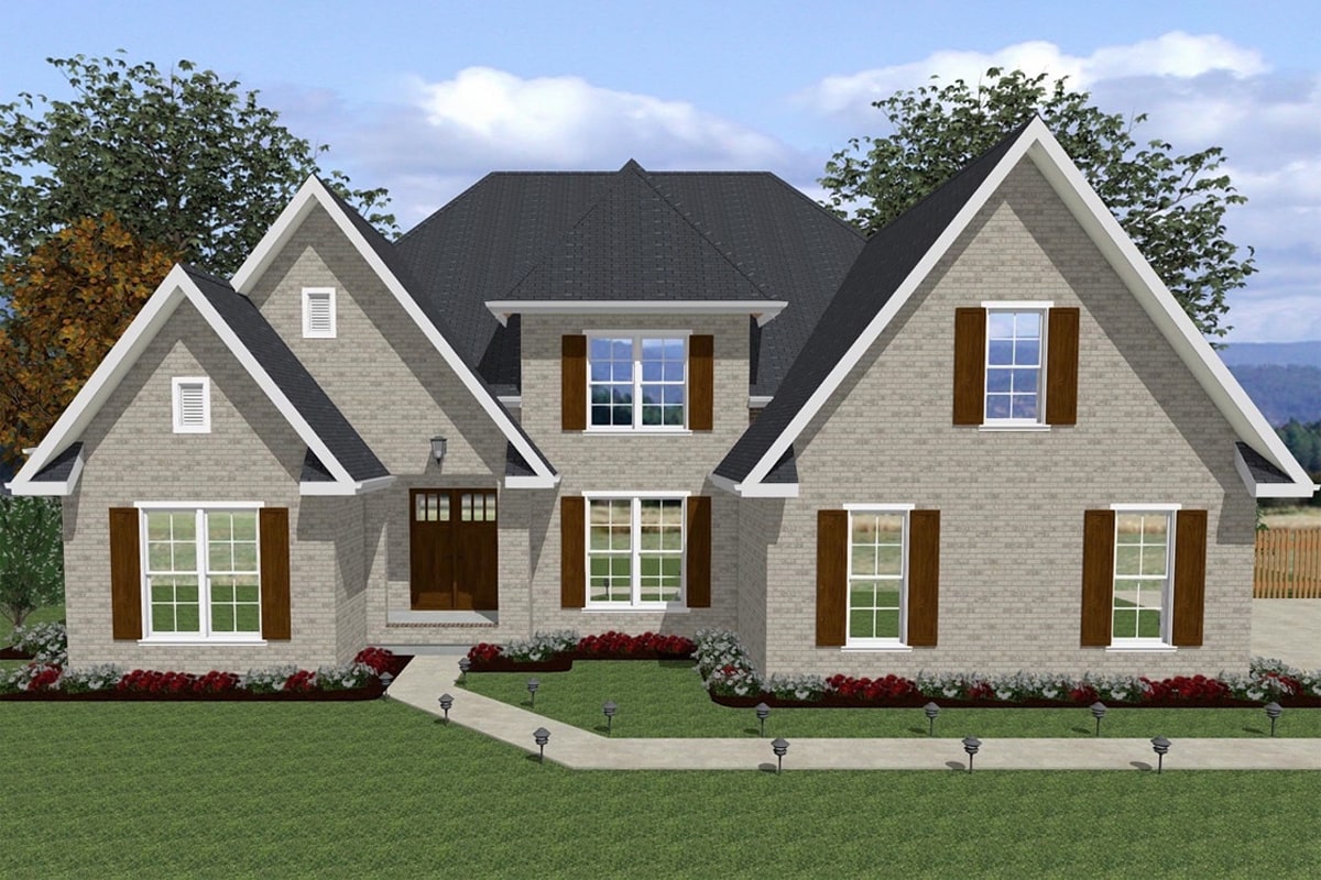 Front elevation of European home (ThePlanCollection: House Plan #203-1013)