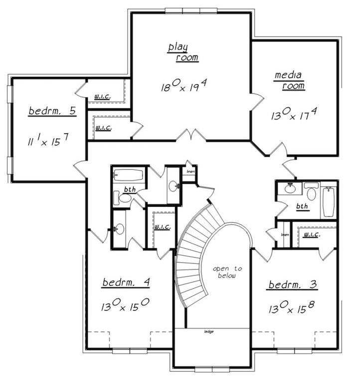Floor Plan Upper Level of European Plan #203-1019