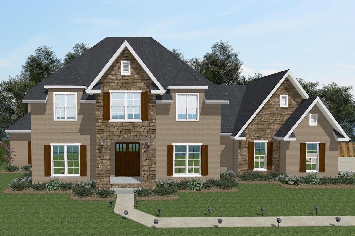 Front elevation of European home (ThePlanCollection: House Plan #203-1019)