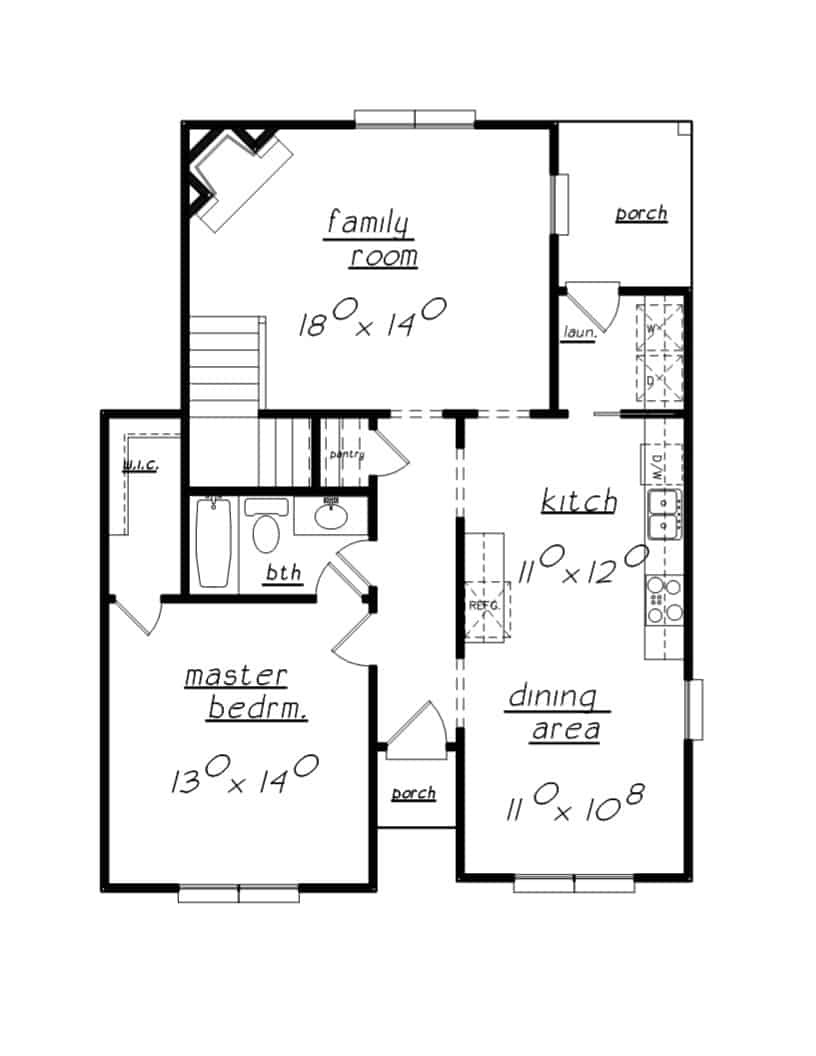Floor Plan Main Level of Farmhouse Plan #203-1027