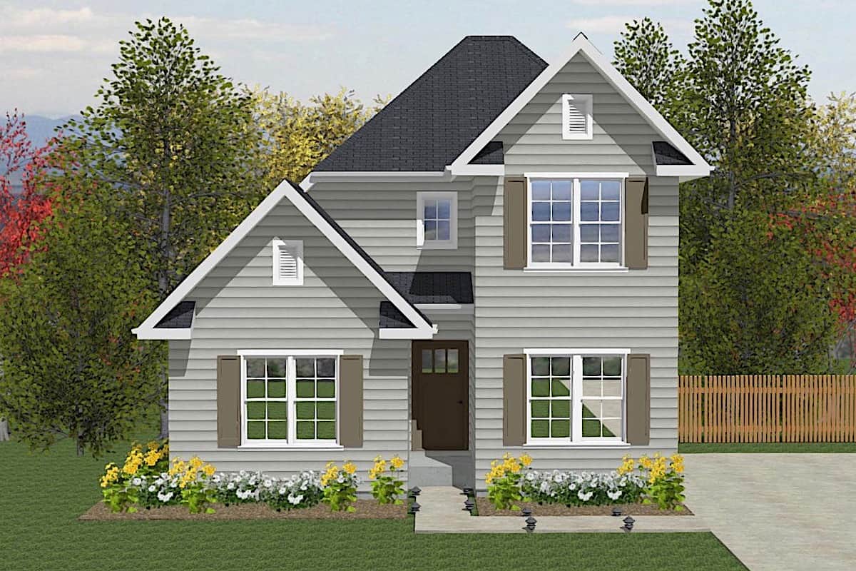Front elevation of Colonial home (ThePlanCollection: House Plan #203-1027)