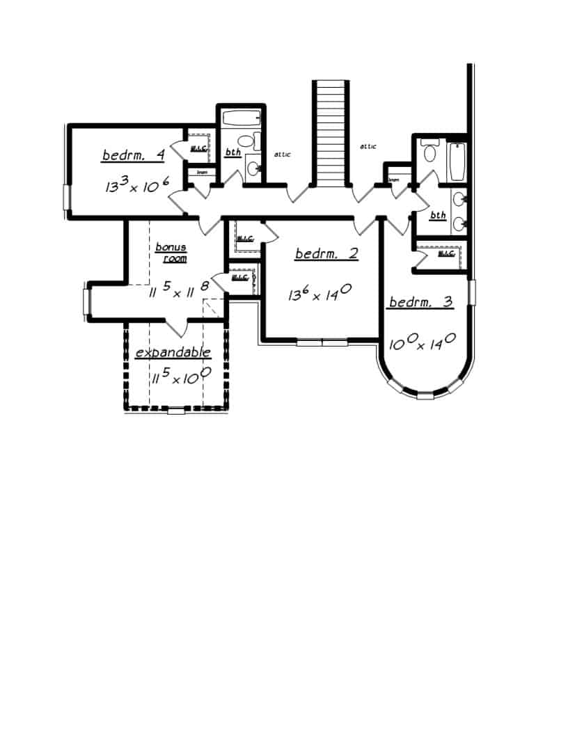 Floor Plan Upper Level of European Plan #203-1042