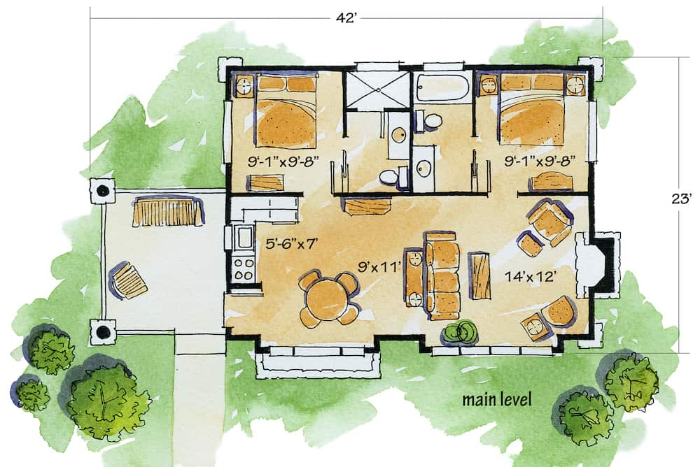 Floor Plan Main Level of Cottage Plan #205-1003