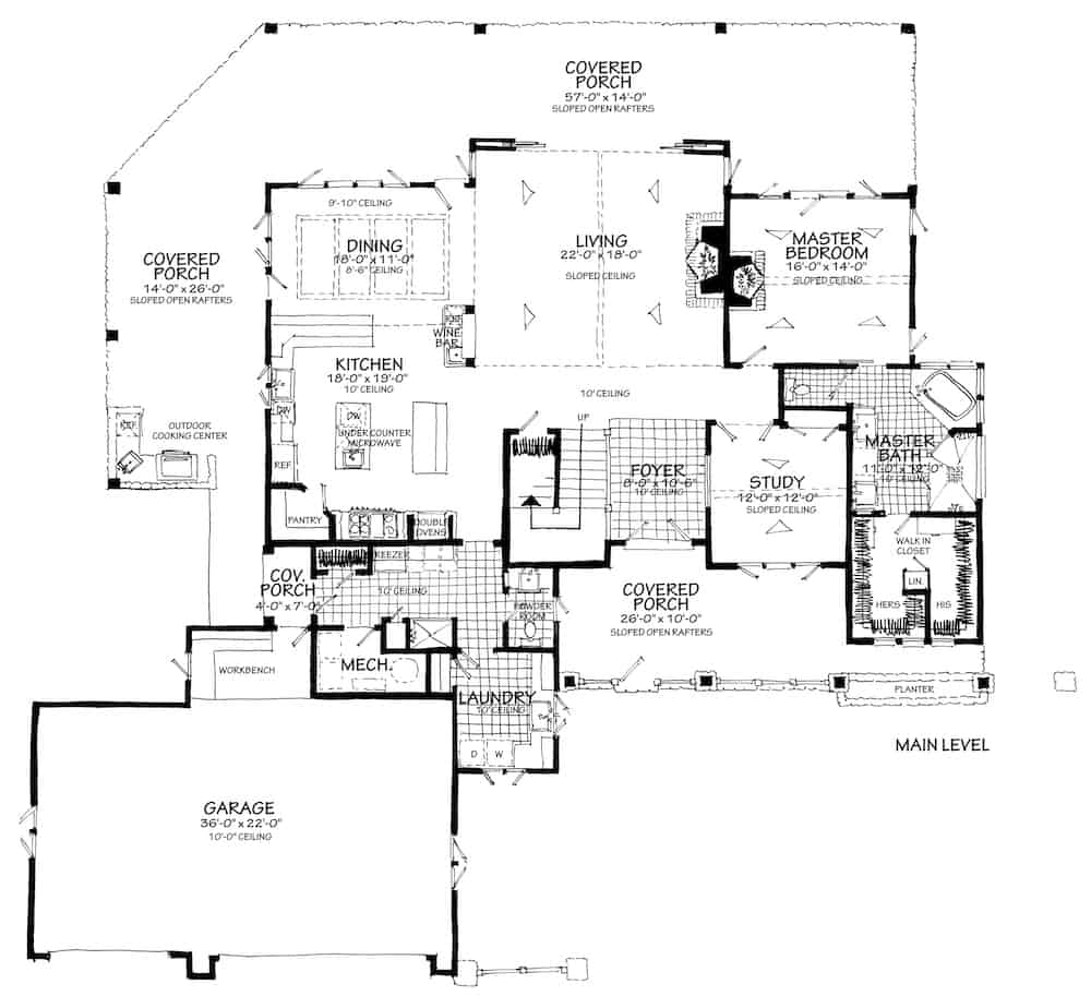 Floor Plan Main Level of Farmhouse Plan #205-1005
