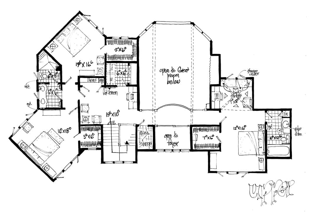 Floor Plan Upper Level of Farmhouse Plan #205-1010