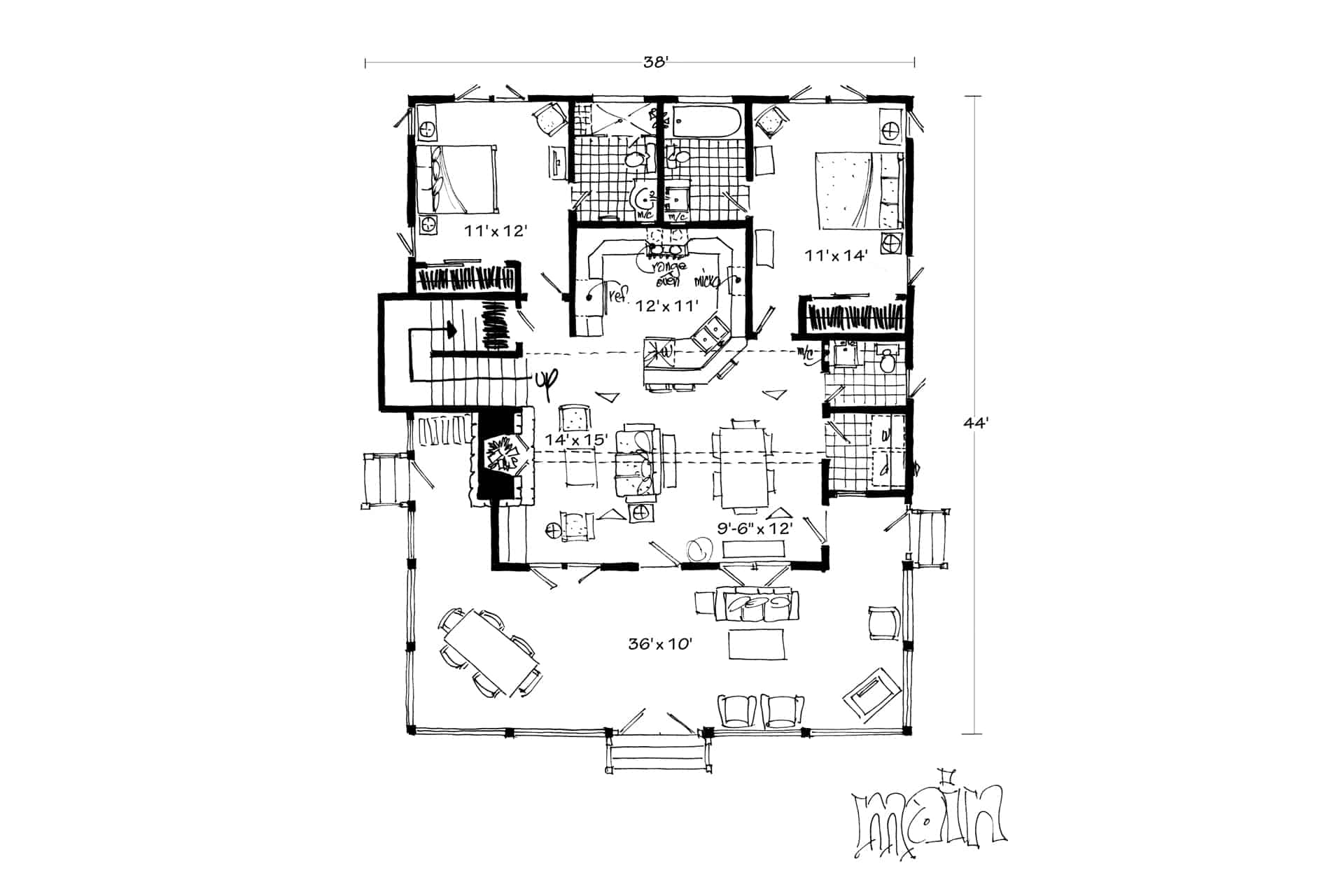Floor Plan Main Level of Farmhouse Plan #205-1011