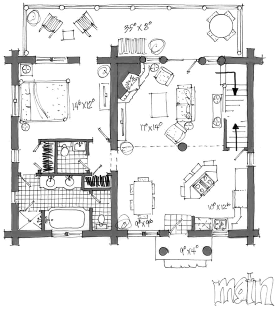 Floor Plan Main Level of Farmhouse Plan #205-1013