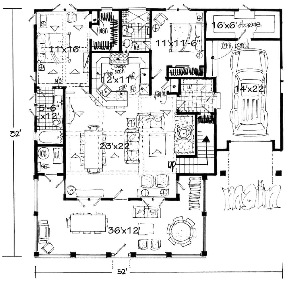 Floor Plan Main Level of Farmhouse Plan #205-1015
