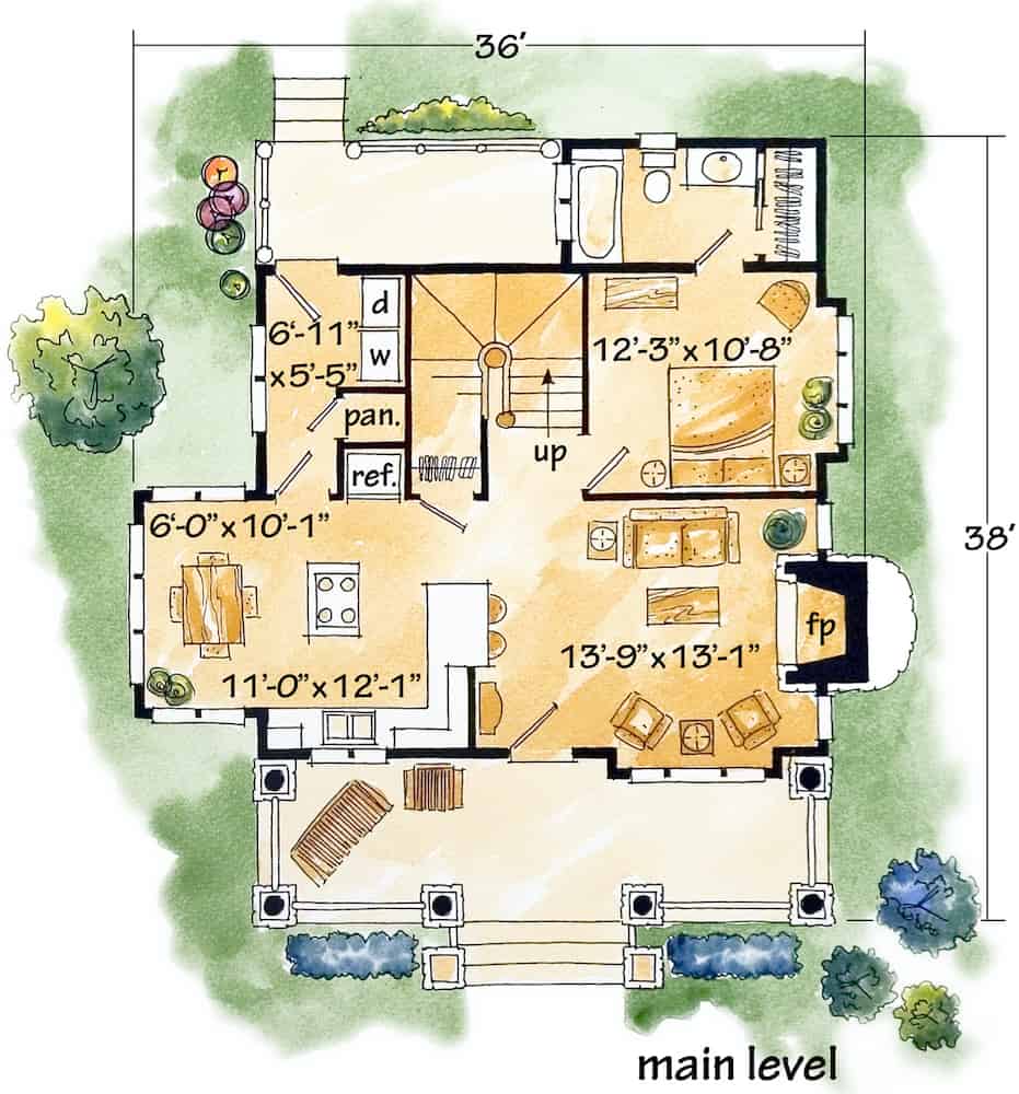 Floor Plan Main Level of Farmhouse Plan #205-1018