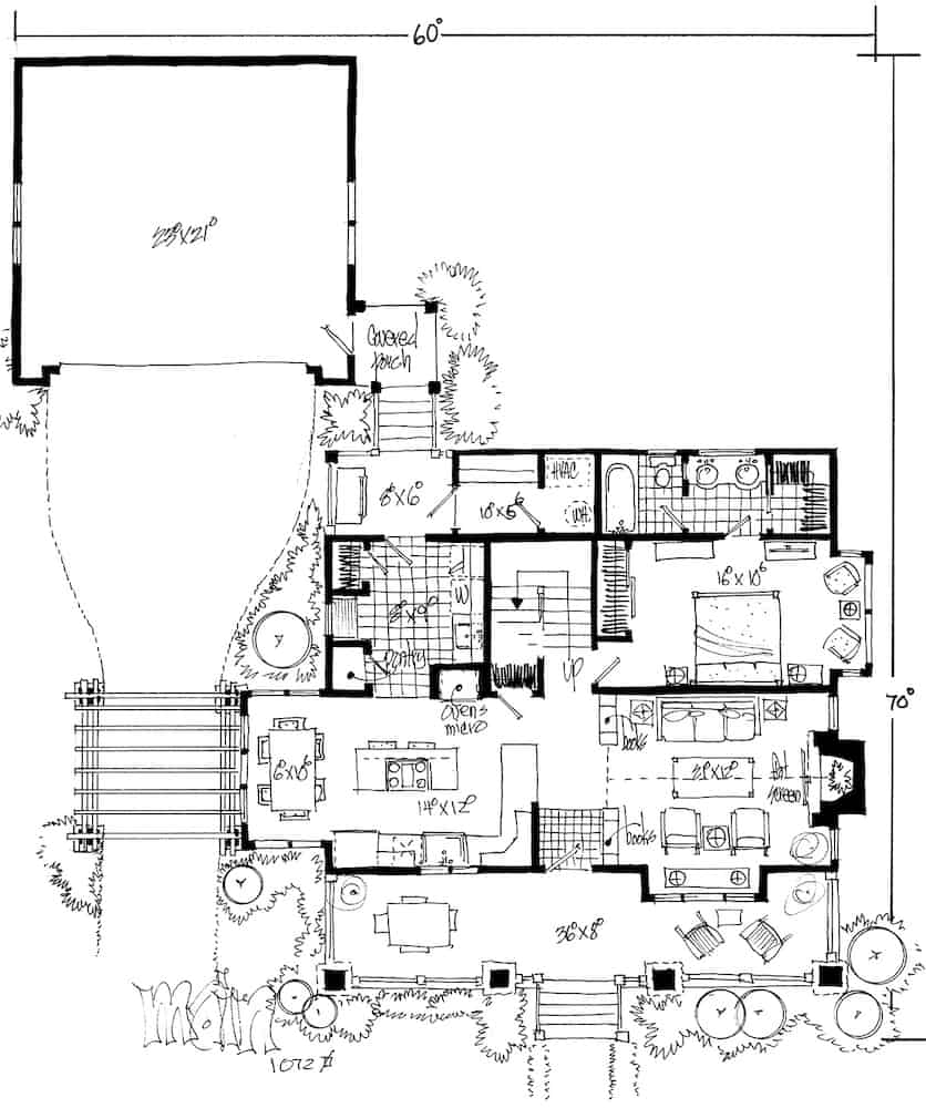 Floor Plan Main Level of Farmhouse Plan #205-1020