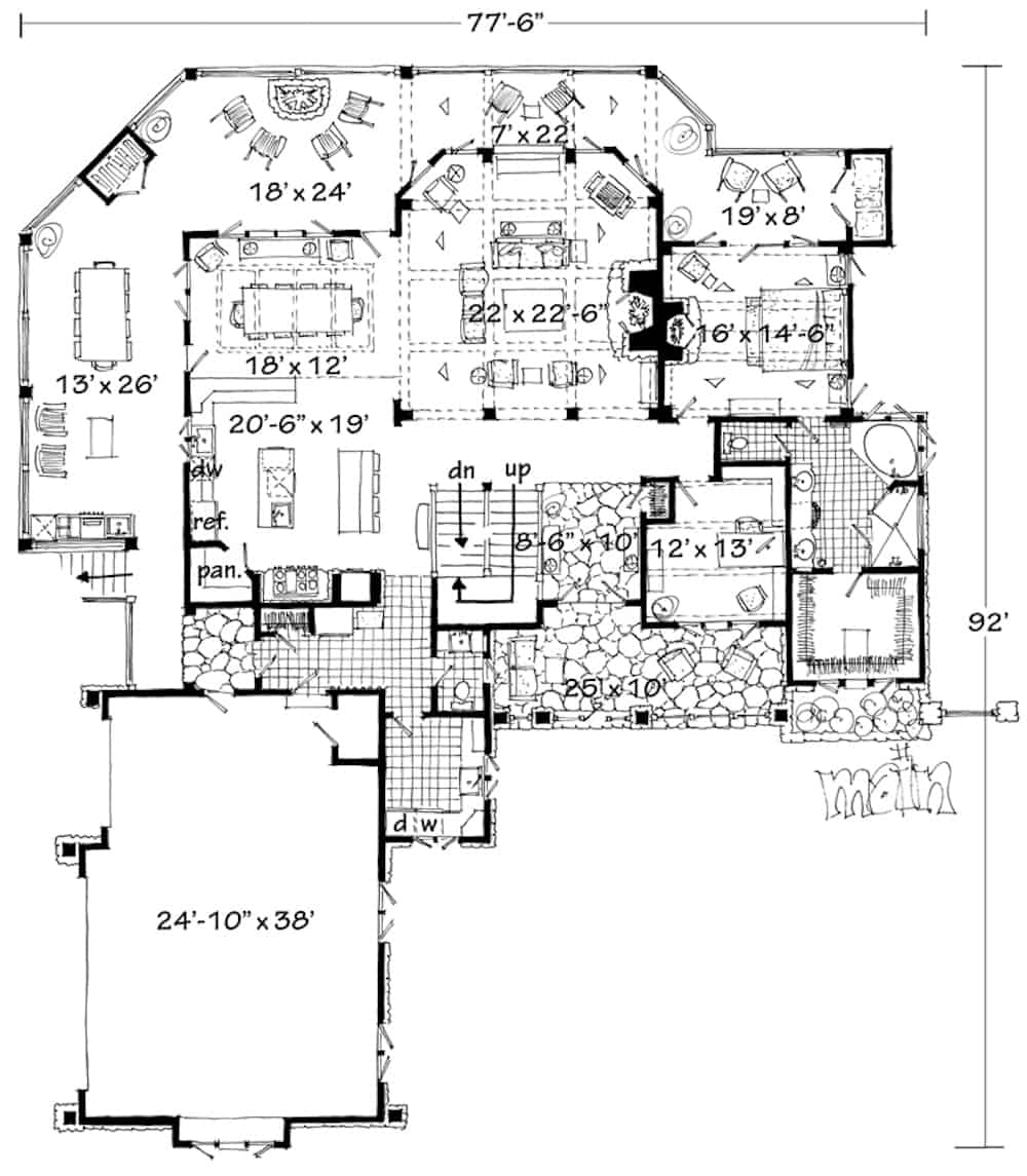 Floor Plan Main Level of Craftsman Plan #205-1021