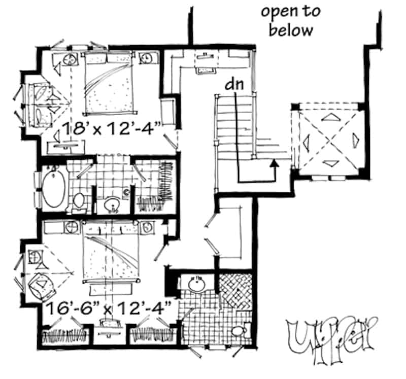Floor Plan Upper Level of Craftsman Plan #205-1021
