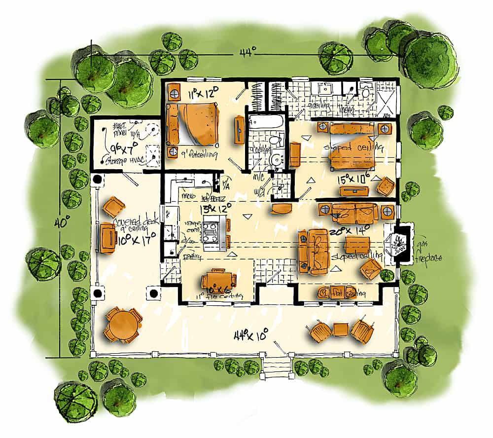 Floor Plan Main Level of Cottage Plan #205-1022