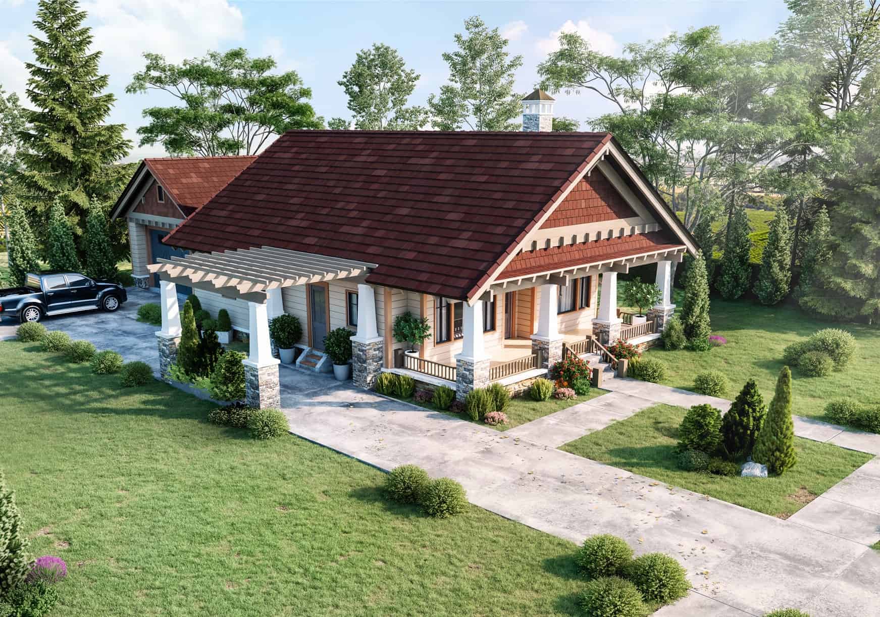 Front elevation of Craftsman home (ThePlanCollection: House Plan #205-1228)