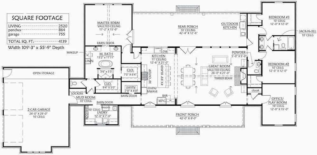 Main Level of Farmhouse Plan #206-1013