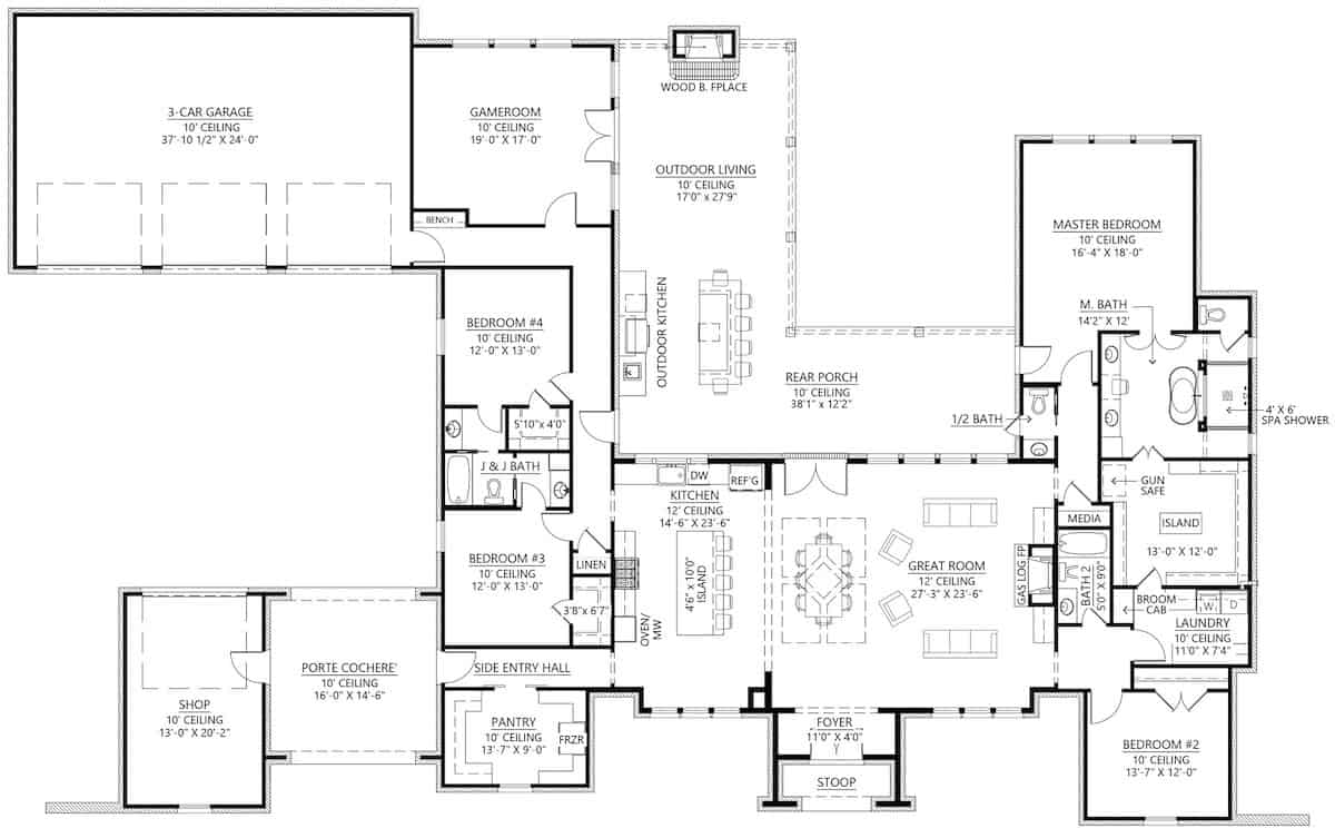Floor Plan Main Level of European Plan #206-1032