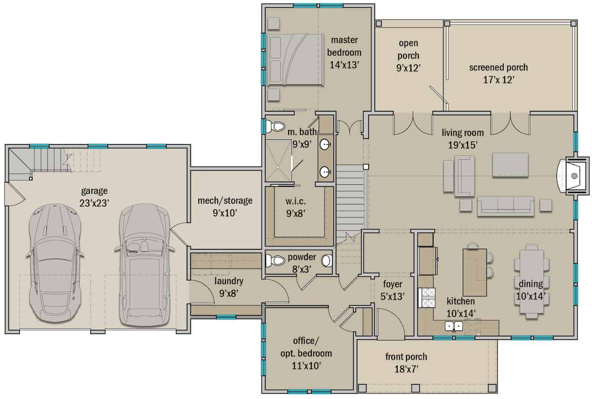 Floor Plan Main Level of Farmhouse Plan #207-1000