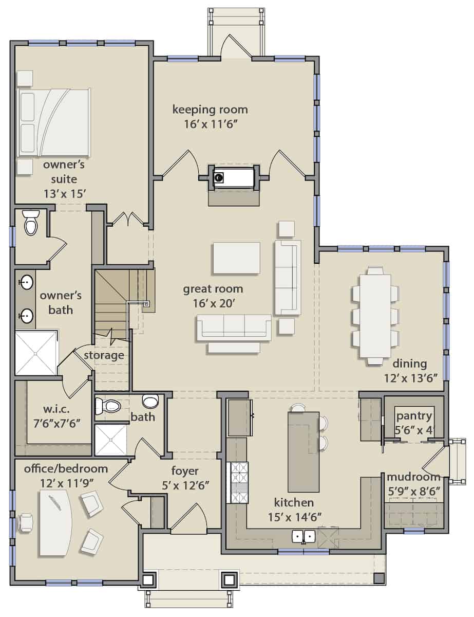 Floor Plan Main Level of Colonial Plan #207-1001