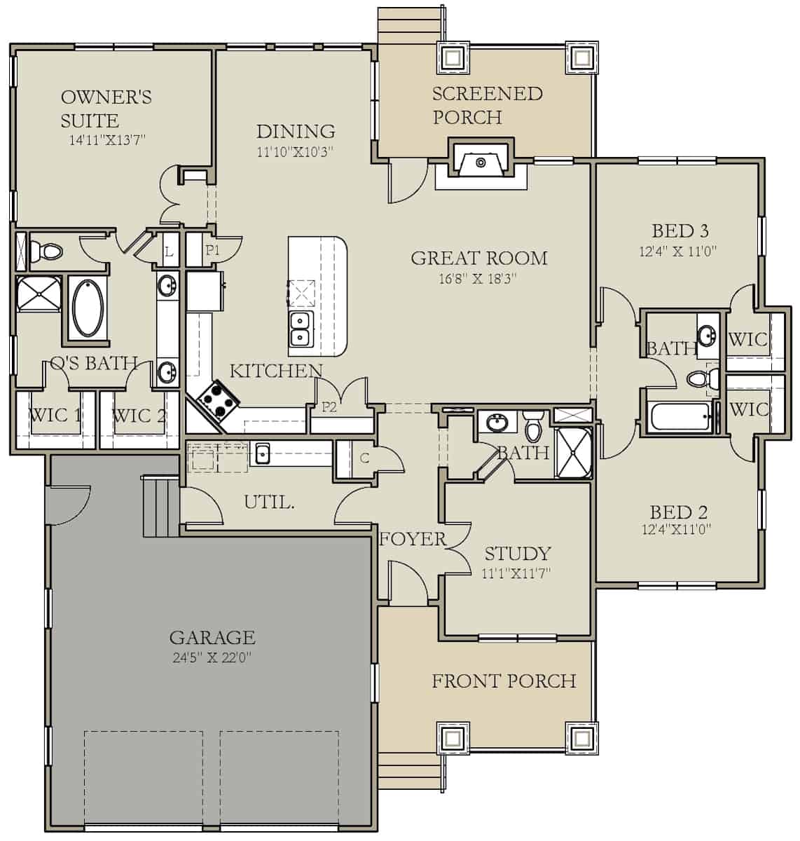 Floor Plan Main Level of Ranch Plan #207-1002