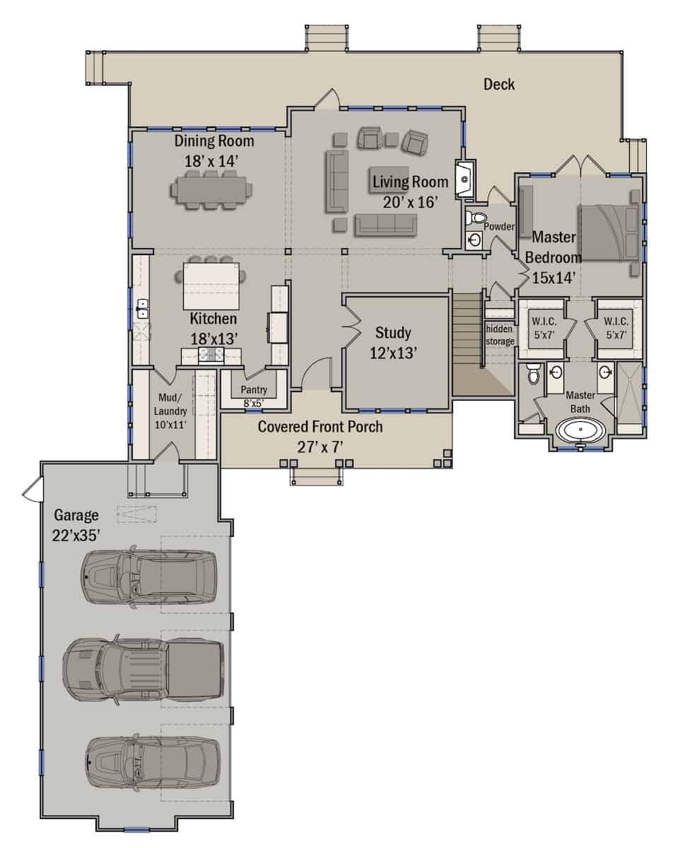 Floor Plan Main Level of Ranch Plan #207-1003