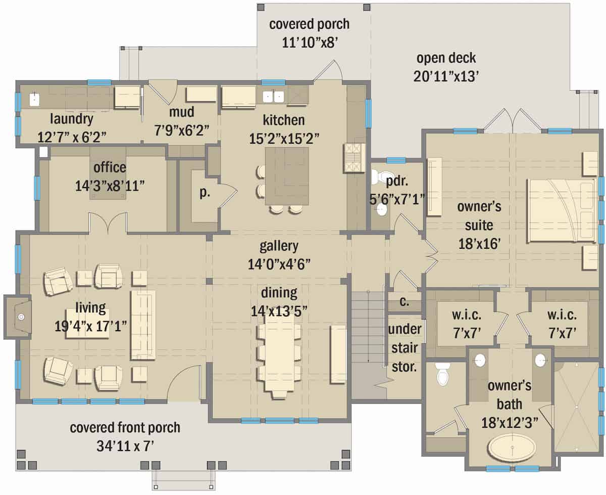 Floor Plan Main Level of Farmhouse Plan #207-1004