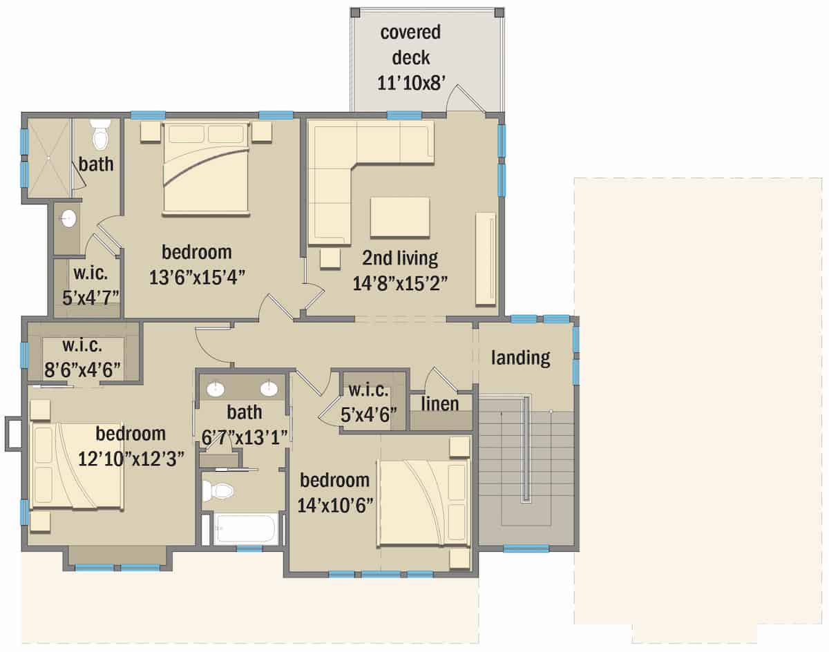 Floor Plan Upper Level of Farmhouse Plan #207-1004