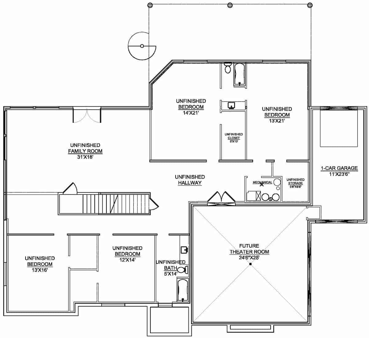 Floor Plan Basement of Acadian Plan #208-1001