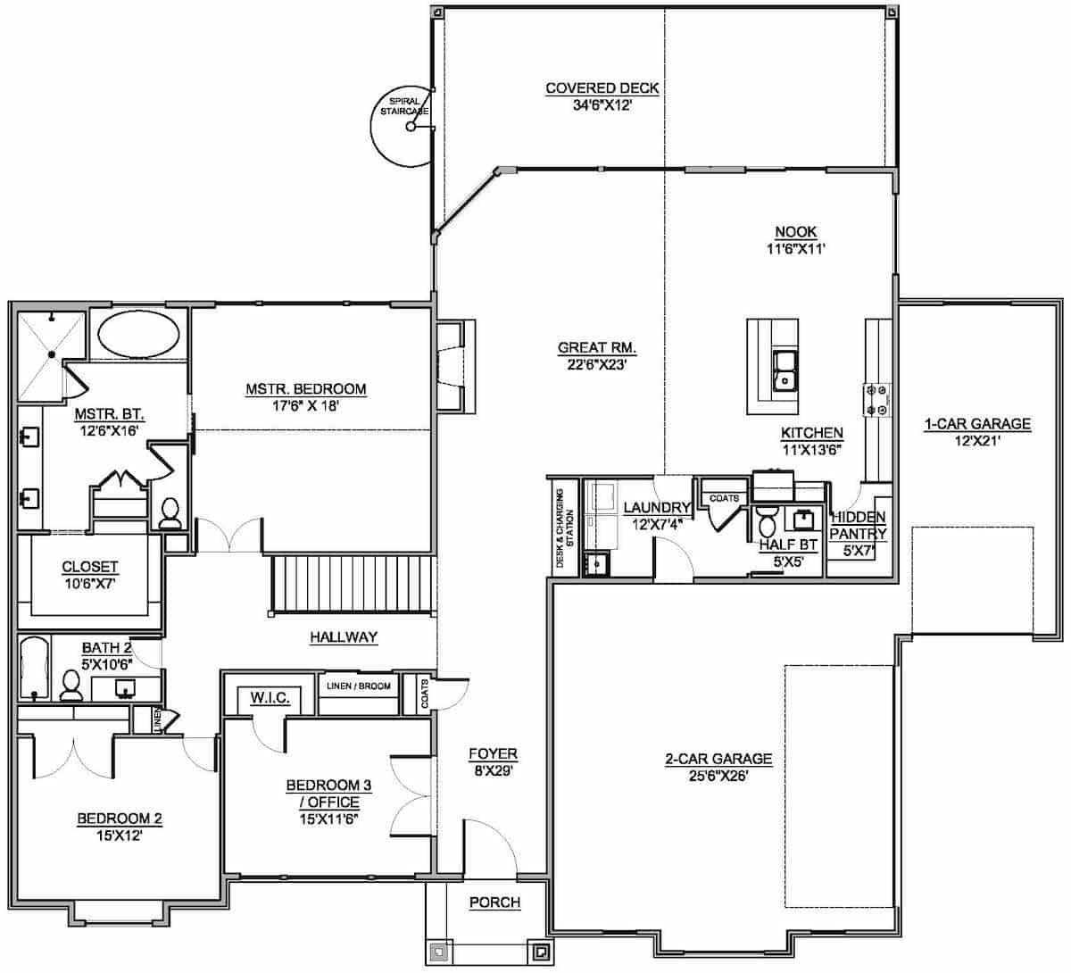 Floor Plan Main Level of Acadian Plan #208-1001