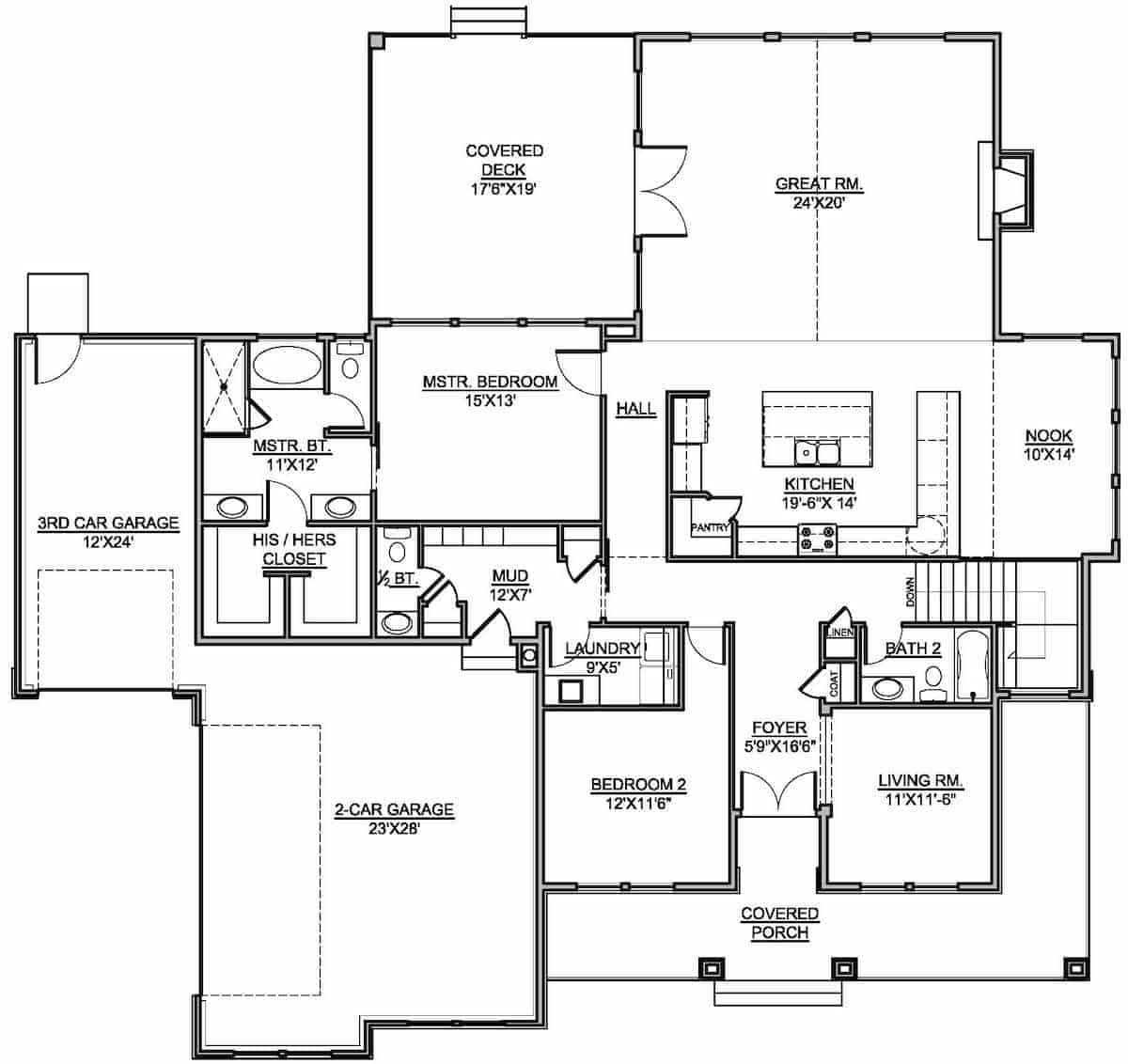 Floor Plan Main Level of Craftsman Plan #208-1012